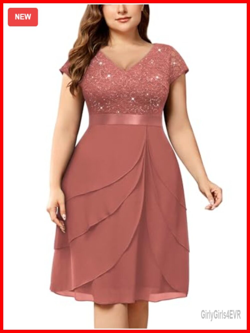 Plus Size Sequin Lace V Neck Chiffon Cocktail Party Dress Cap Sleeve